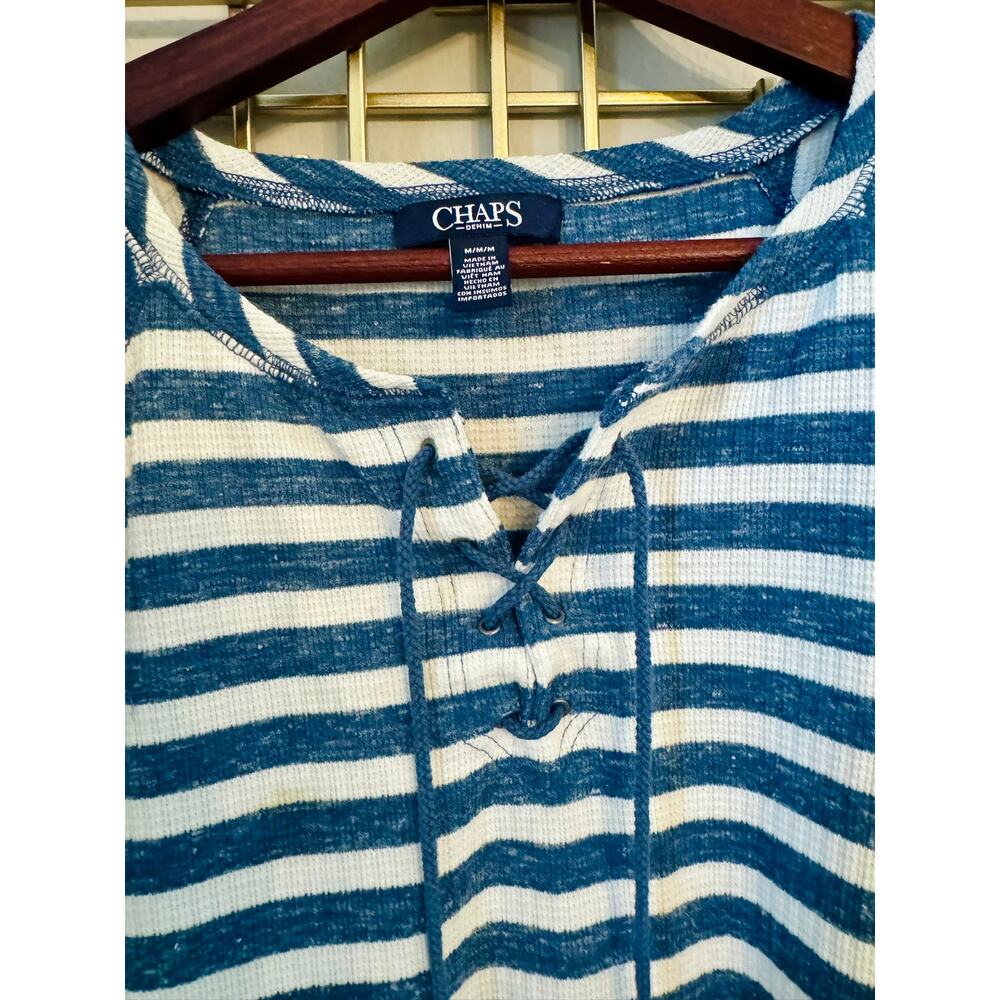 Chaps Blue White Striped Lace Up Nautical Top M - Picture 4 of 7